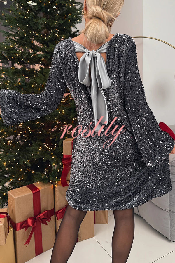 Velvet Sequin Back Bow Bell Sleeves Loose Mini Dress