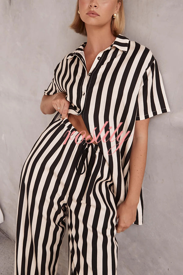 Erika Striped Casual Shirt and Elastic Waist Pocket Wide Leg Pants Set