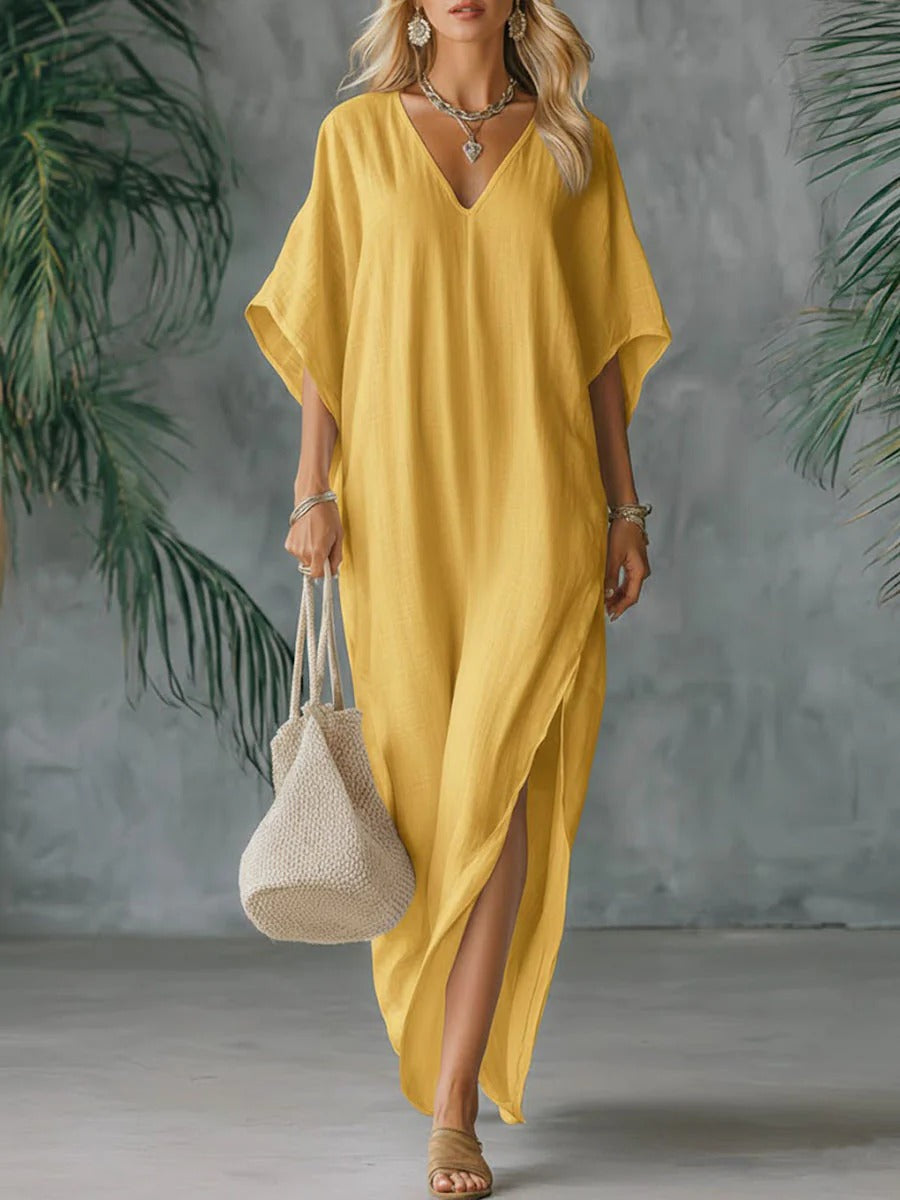 Solid Color V-neck 3/4 Sleeve Loose Cotton And Linen Dress