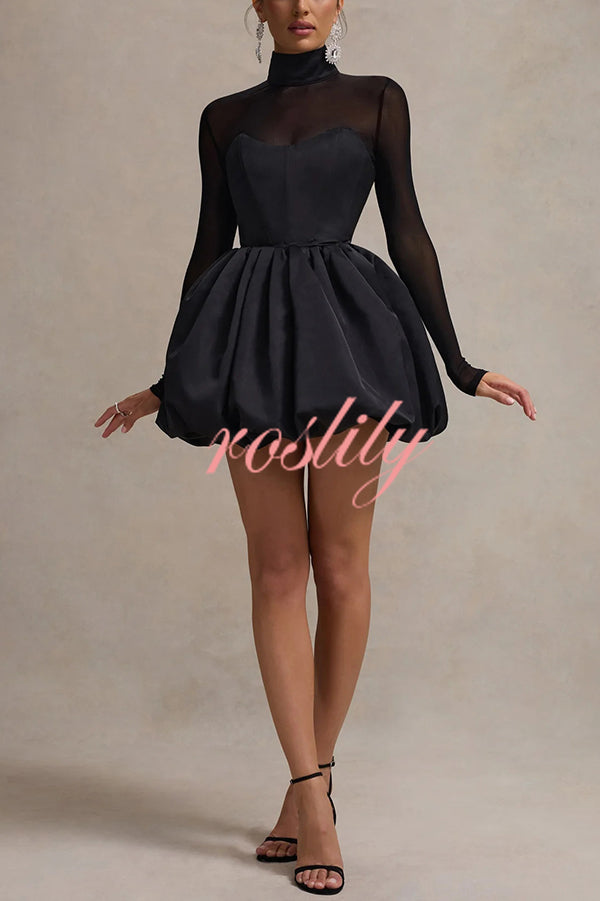 Elegant Mesh High Neck Long Sleeve Puff Hem Slim Sexy Mini Dress