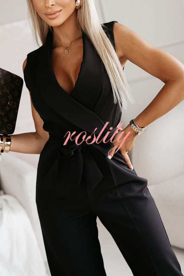 Make Your Entrance Lapel Belt Pocketed Wide Leg Formal Jumpsuit