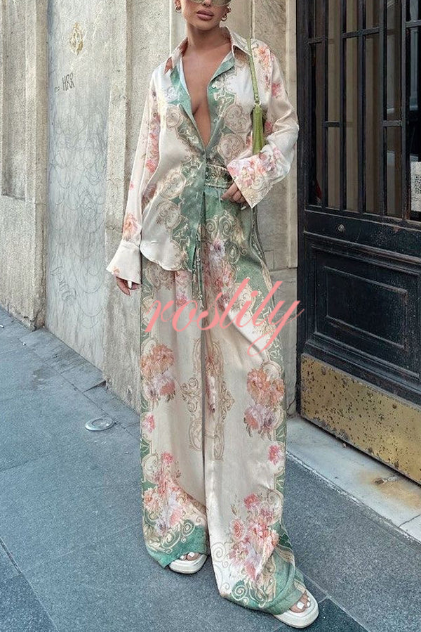 Antibes Satin Court Unique Printed Long Sleeve Loose Shirt and Elastic Waist Pants Set