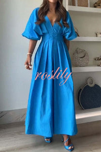 Antibes Linen Blend Princess Line Pleated Wide Puff Sleeve Midi Dress