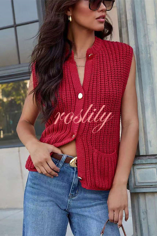 Solid Color Sleeveless Button Pocket Knit Vest