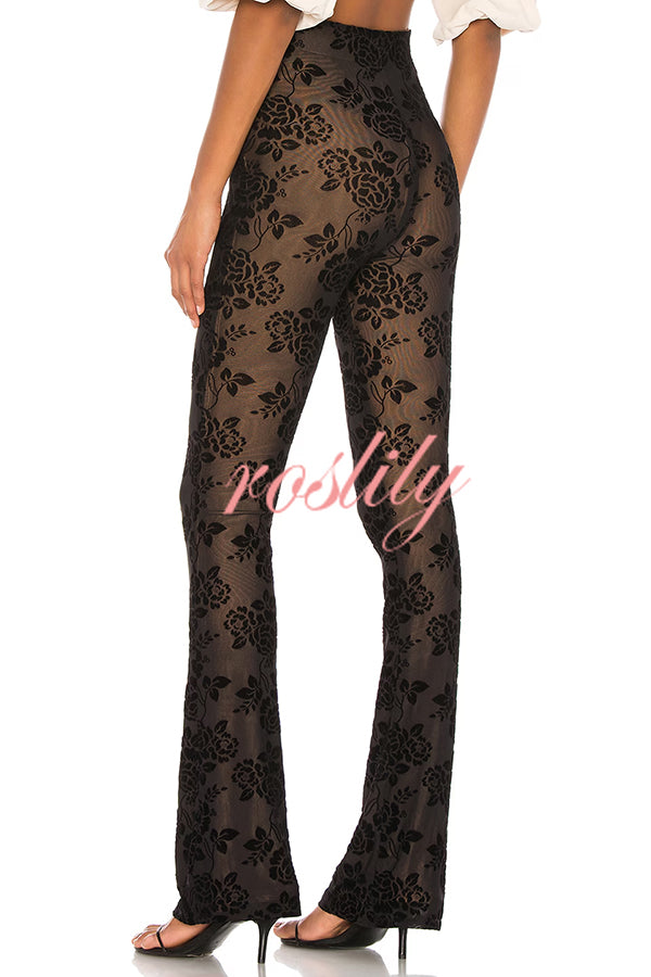 Romance Detail Flower Pattern Mesh Elastic Waist Stretch Flare Pants