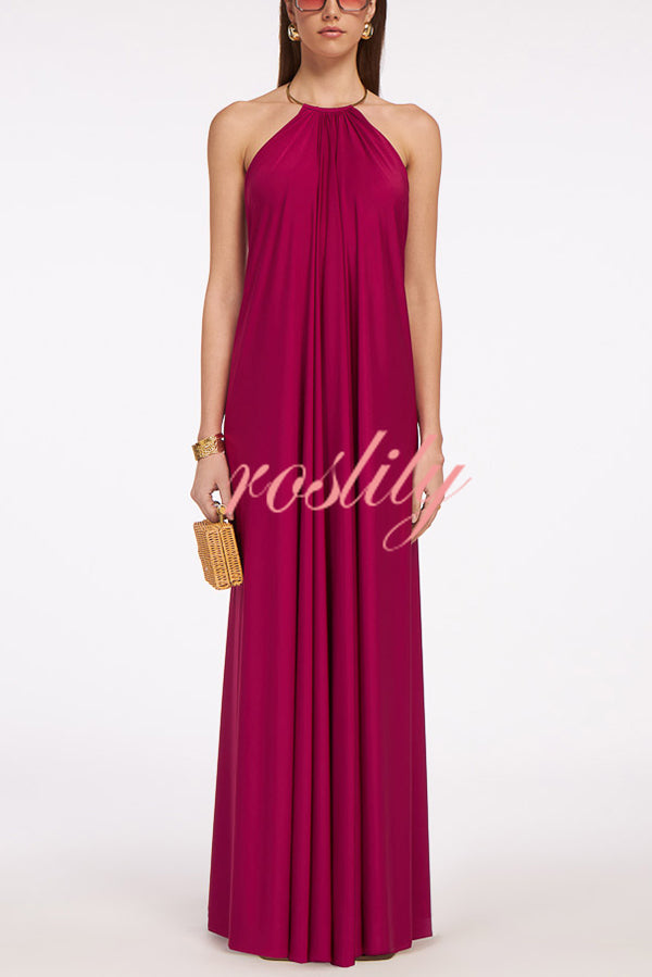 Solid Color Resort Style Halter Neck Open Back Large Hem Maxi Dress