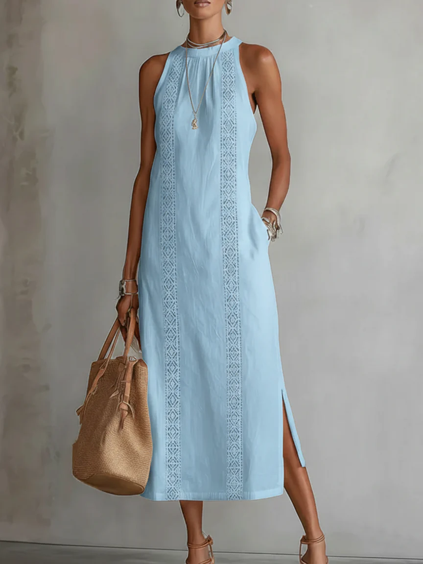 Elegant Lace Panel Sleeveless Midi Dress