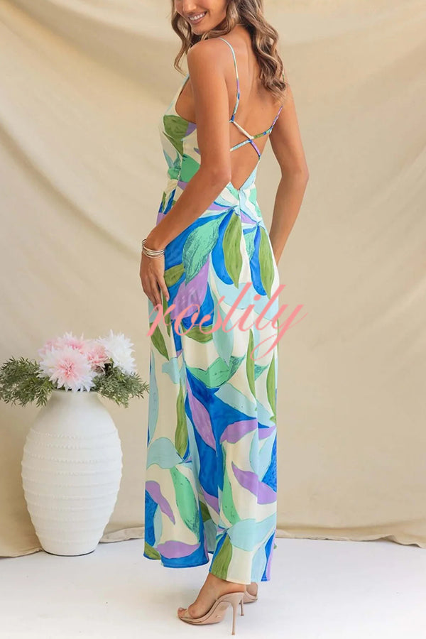 Botanical Print Sexy Sleeveless Open Back Maxi Dress