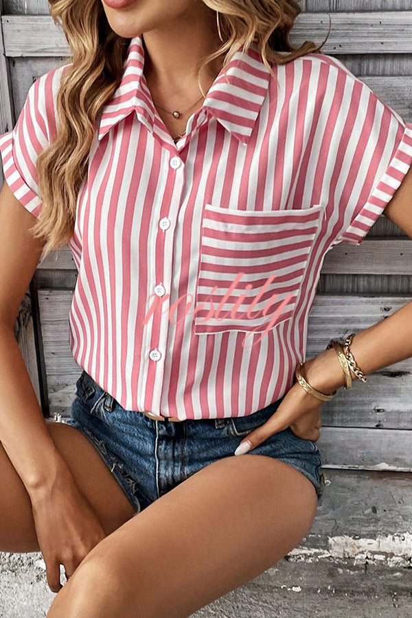 Striped Print Short Sleeve Pocket Shirt Top