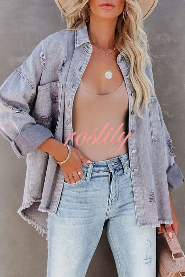 Stylish Lapel Long Sleeve Ripped Denim Jacket