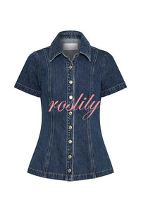 Modern Flavor Denim Short Sleeve Button Up Princess Seams Stretch Top