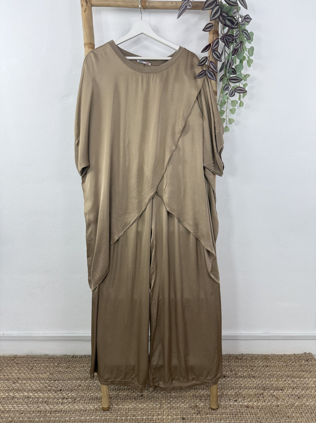 Cross-Front Satin Wide-Leg Set