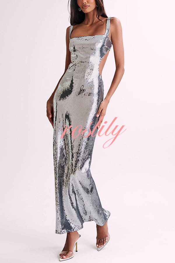 Eye Catching Sequin Cutout Waist Wide Strap Bacakless Maxi Dress