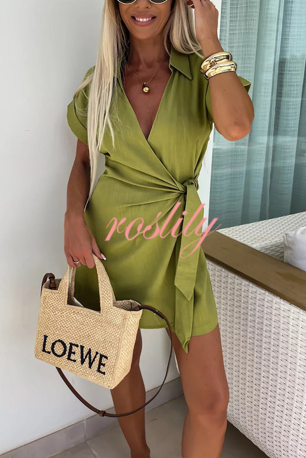 Relaxing Beach Linen Blend Solid Color Wrap Loose Shirt Romper