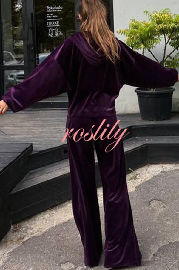 Velvet Casual Zip-up Hooded Top and Elastic Waist Wide Leg Pants Set