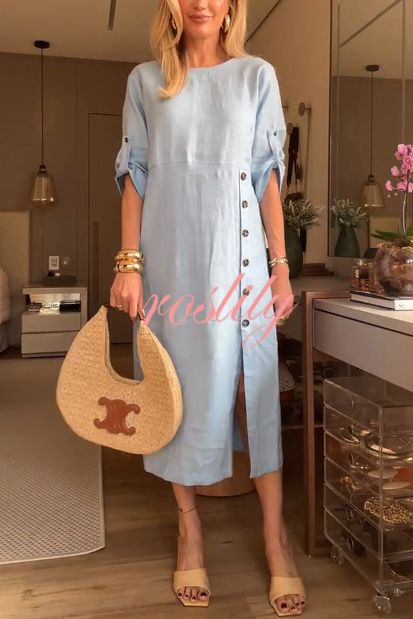 Ultra-comfortable Linen Blend Half Sleeve Front Button Detail Relaxed Pocket Midi Dress