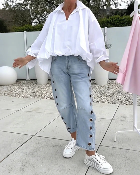 Oversized Ruffled V-Neck Blouse