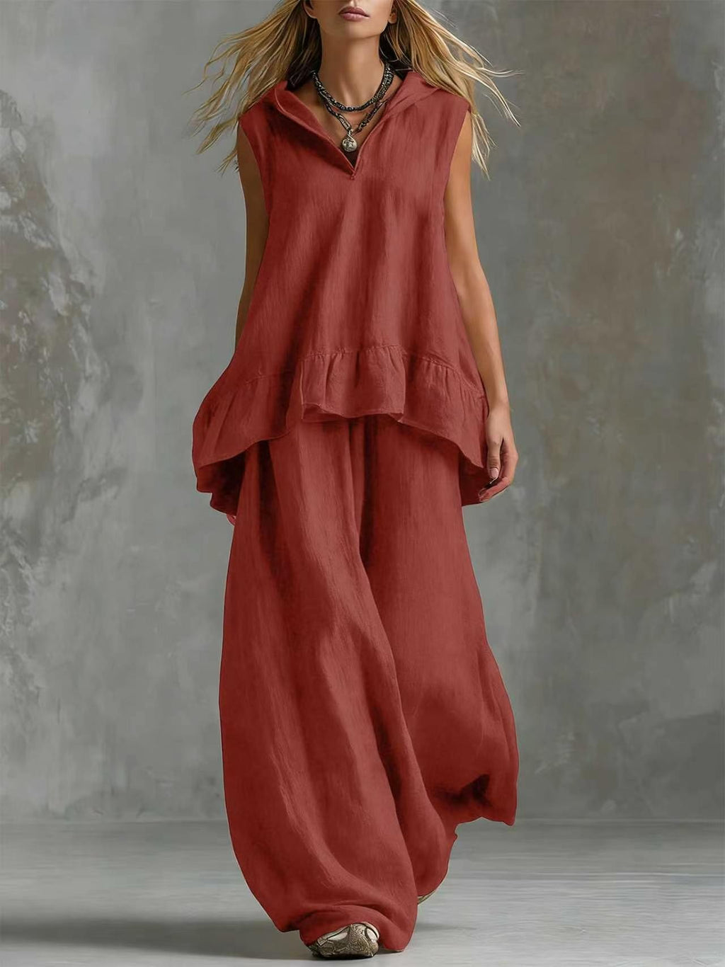 Boho Linen Hooded Two-Piece Outfit - Flowy Ruffle Top & Wide Leg Pants