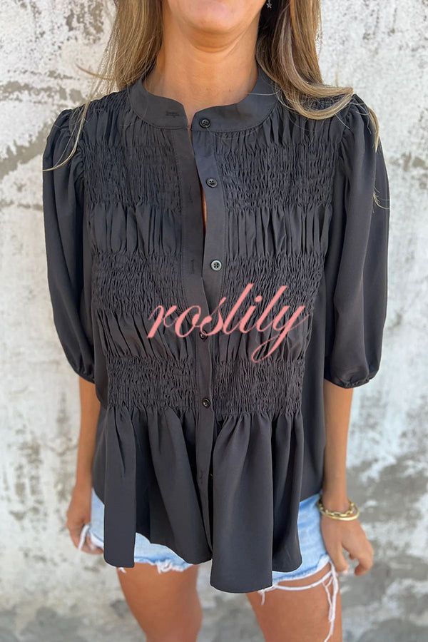 Solid Color Round Neck Button Pleated Short Sleeve Casual Shirt