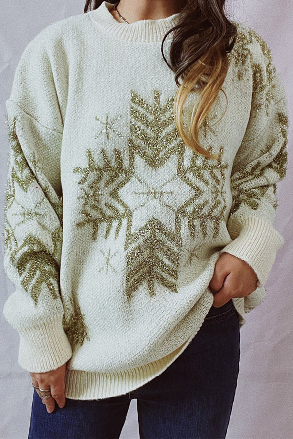 Christmas Pattern Knitted Crew Neck Long Sleeved Sweater