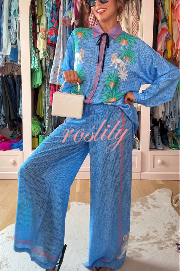 Sunday Breeze Satin Floral Unique Print Elastic Waist Pocket Wide Leg Pants
