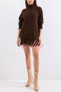 Solid Color Casual Preppy Knit Top and Knit Stretch Pleated Mini Skirt Set