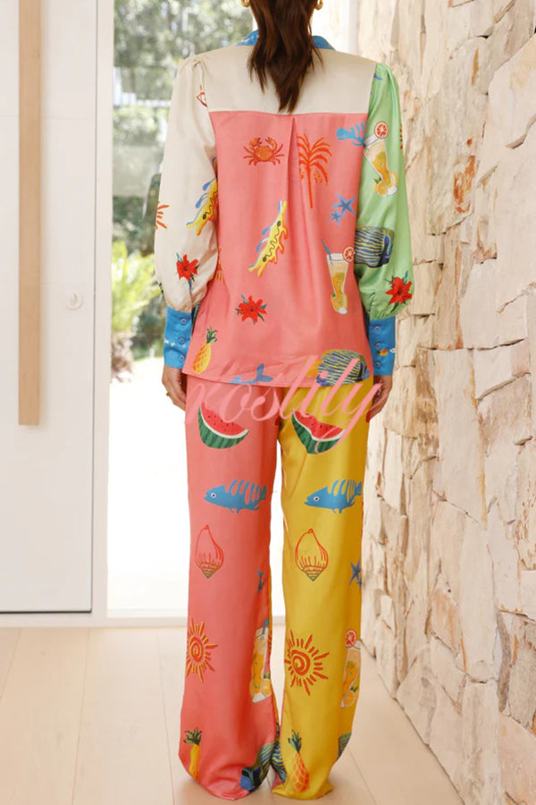 Unique Printed Long Sleeved Loose Shirt and Elastic Waist Pocket Pants Set