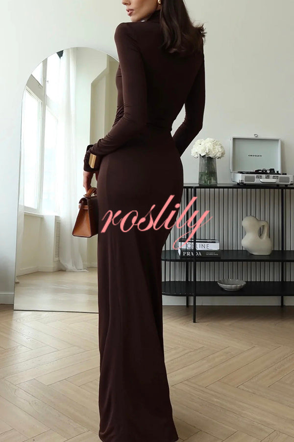 Luxe Silhouette High Neck Shoulder Pads Drape Stretch Maxi Dress