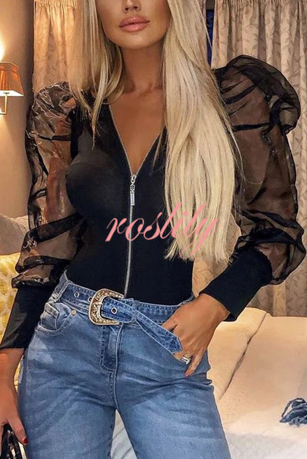 Solid Color Zip Front Sheer Puff Sleeves Bodysuit