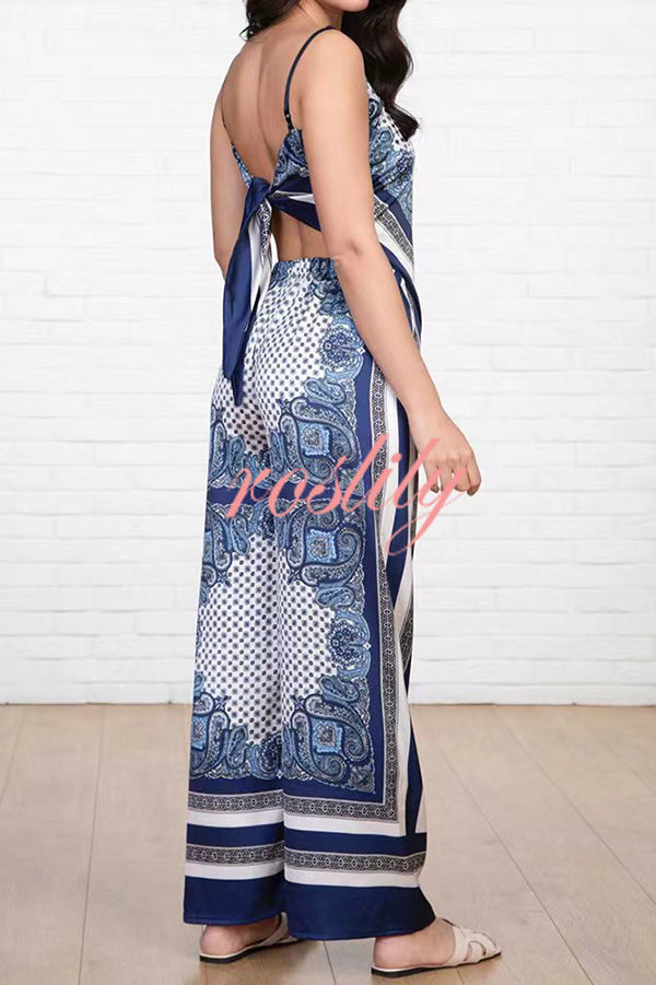 Unique Printed Sling Backless Strappy Top and Elastic Waisted Loose Pants Set