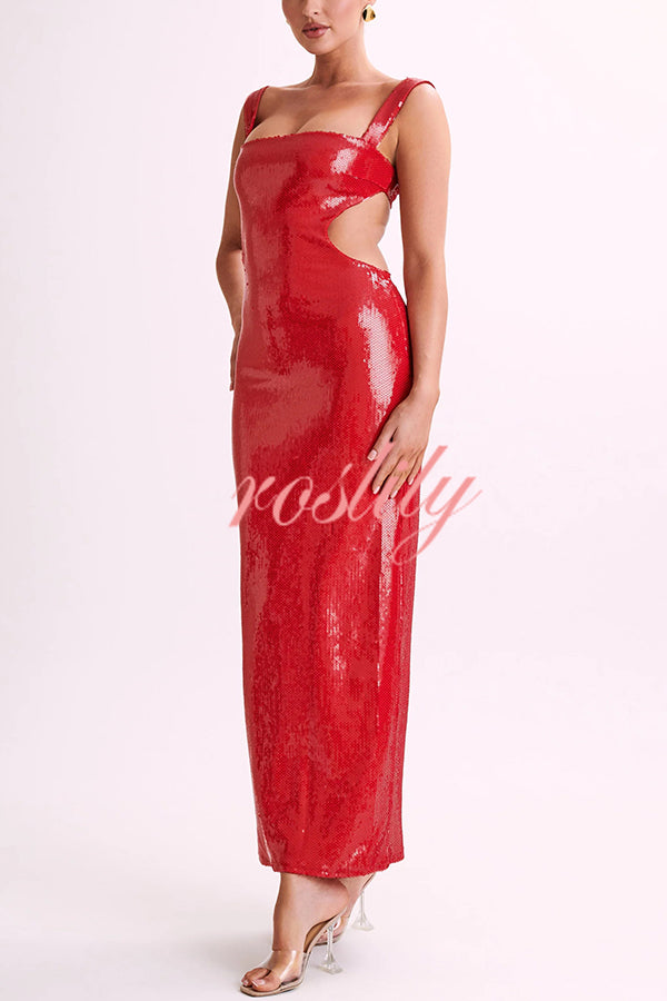 Eye Catching Sequin Cutout Waist Wide Strap Bacakless Maxi Dress