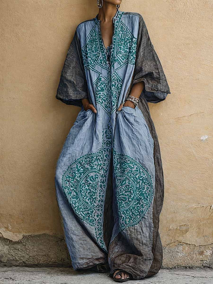 Bohemian Vintage Print Cotton Linen Jumpsuit