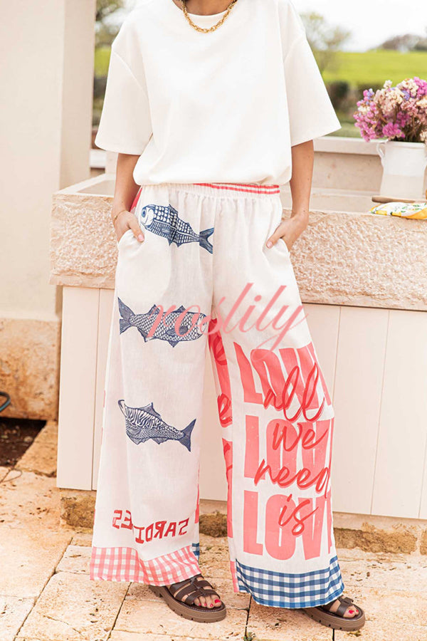 Unique Printed Elastic Waist Pocket Vacation Casual Wide Leg Pants
