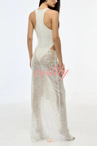 Fashion Sequin Sleeveless Fitted Rompers and Holiday Slit Maxi Skirt Set
