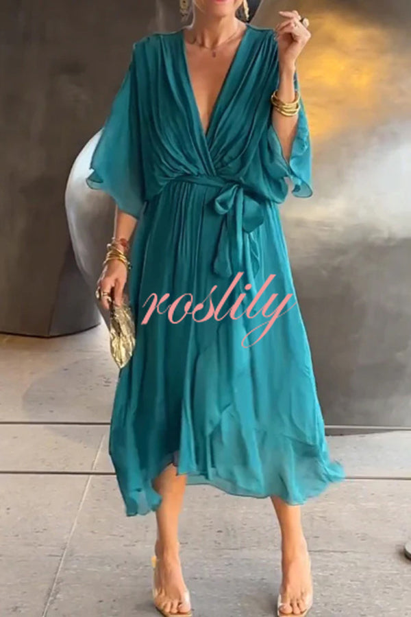 Solid Color V-neck Bat Sleeve Lace-up Irregular Hem Midi Dress