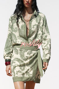 Blend Into Leaves Linen Blend Unique Print Long Sleeve Blouse and Wrap Tie-up Mini Skirt Set