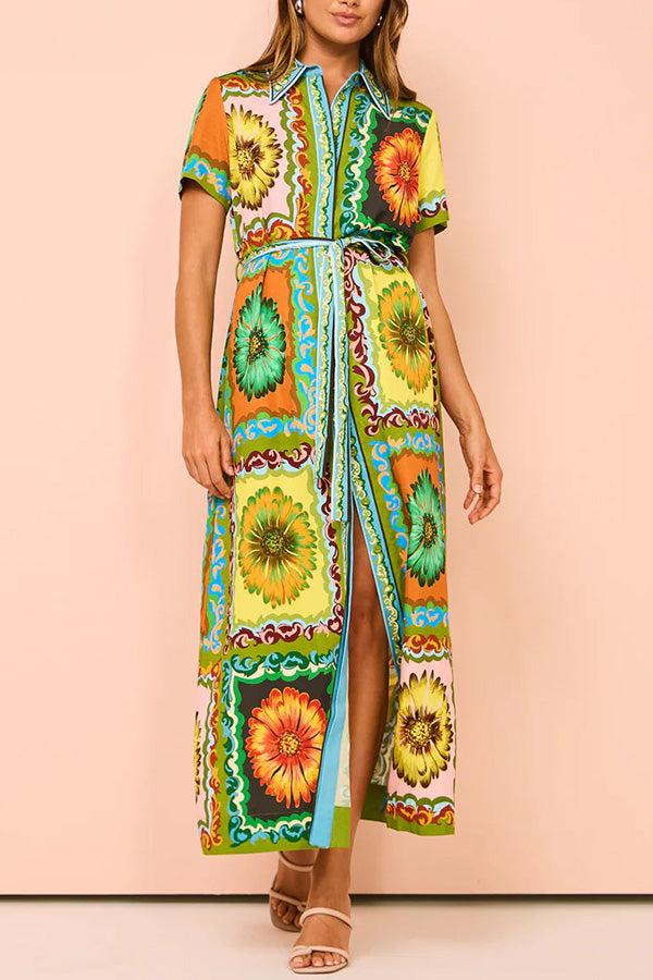 Exaggerated Unique Print Lace Up Button Maxi Dress