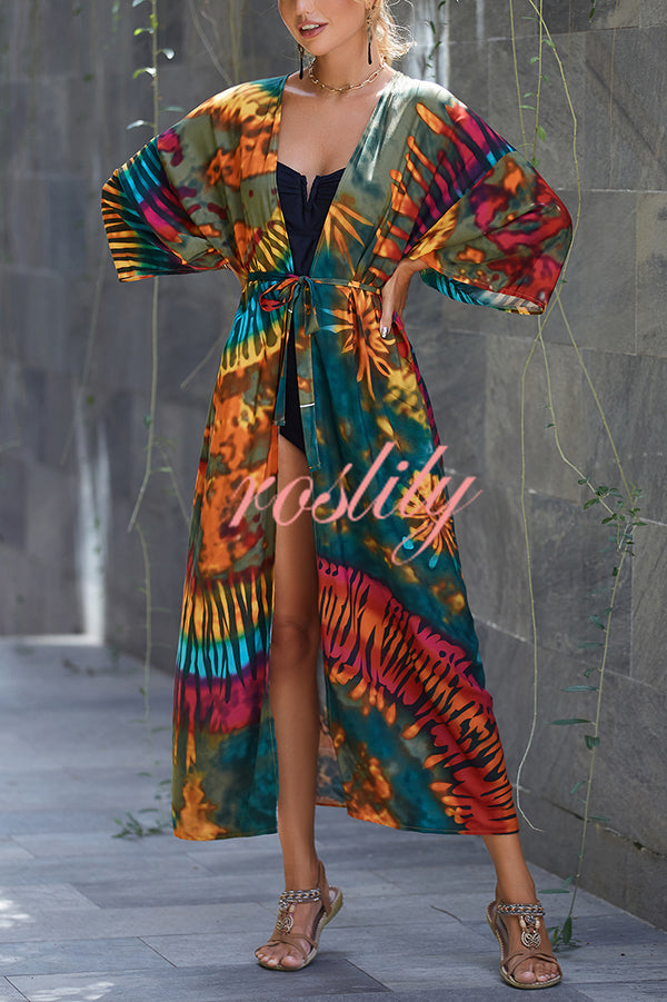 Unique Print Loose Lace Up Holiday Maxi Cover Up