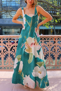 Floral Print Sleeveless Square Neck Big Hem Maxi Dress