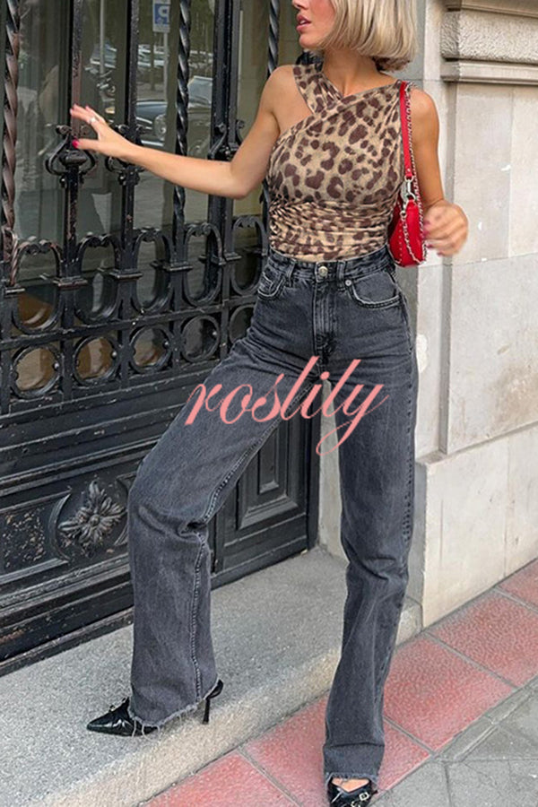 Absolute Trend Mesh Leopard Asymmetric Ruched Stretch Bodysuit