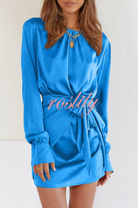 Satin Round Neck Long Sleeve Elastic Tie Mini Dress