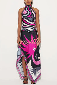 Satin Unique Print Halter Top and Irregular Midi Skirt Set