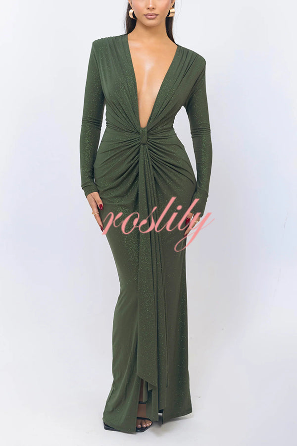 Solid Color Shiny Sexy V-neck Long Sleeve Ribbon Slit Slim Fit Maxi Dress