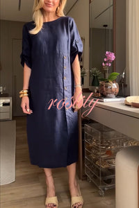 Ultra-comfortable Linen Blend Half Sleeve Front Button Detail Relaxed Pocket Midi Dress