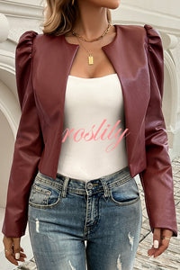 Yelissa Faux Leather Statement Long Sleeve Open Front Crop Jacket