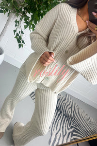 Solid V-neck Ribbed Knit Button Up Top and Elastic Waist Wide Leg Pants Set