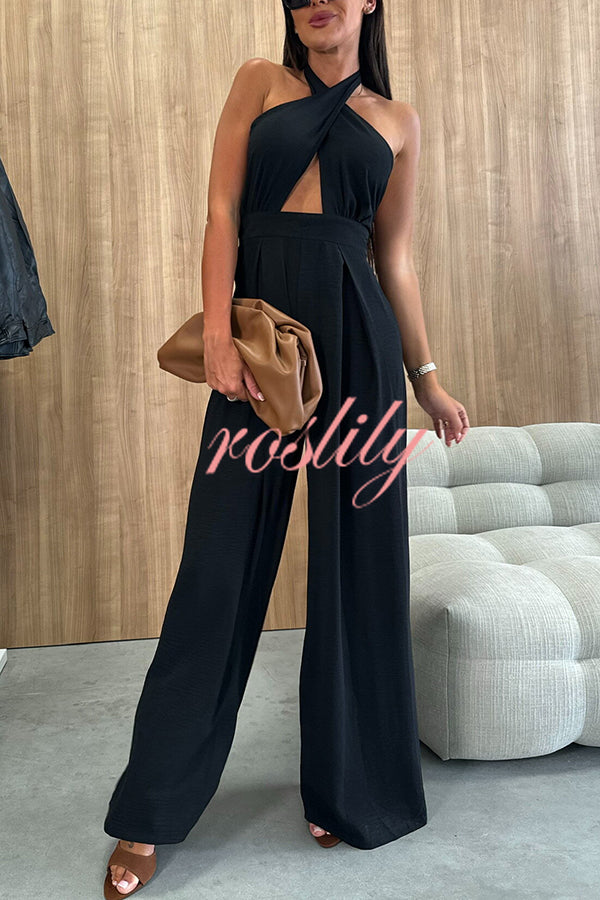 Easy Mode Cross-neck Halter Strap Backless Wide Leg Jumpsuit