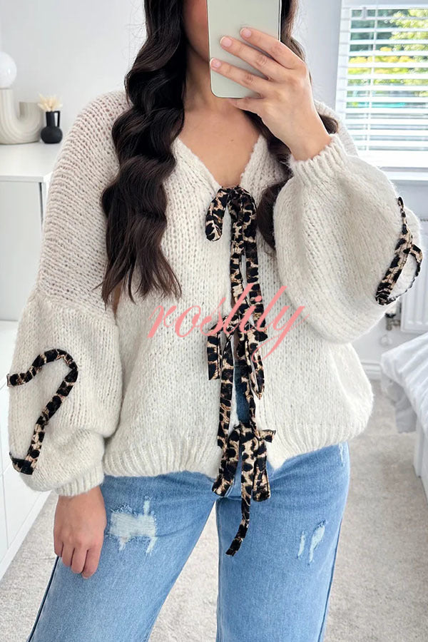 Fashionable Loose Long-sleeved Leopard Print Lace-up Knitted Sweater Cardigan