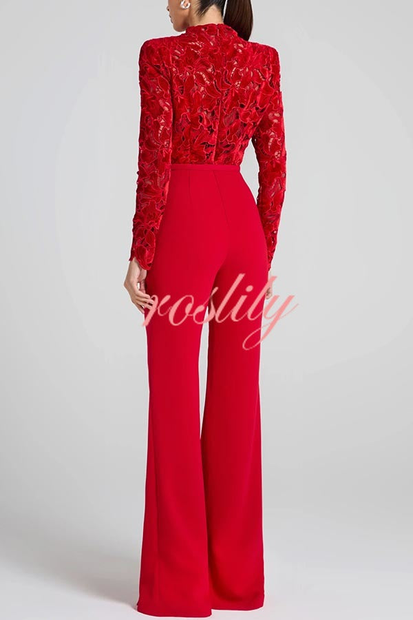 Eleanor Embroidered Floral Lace Long Sleeve Patchwork Belt Flare Jumpsuit