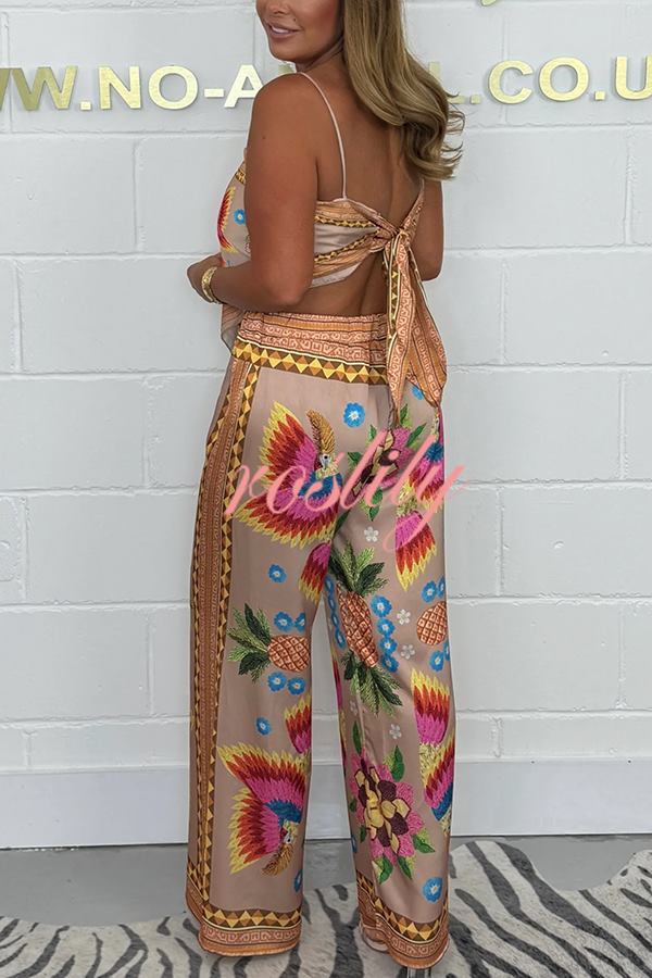 Parrot Satin Unique Print Scarf Tank and Elastic Waist Wide Leg Pants Set